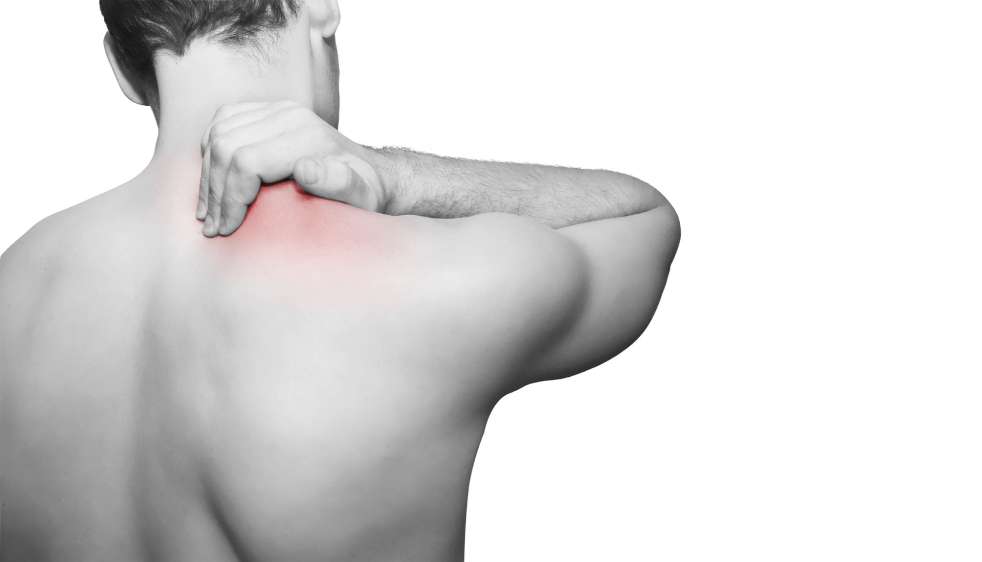 Man with back pain isolated on white