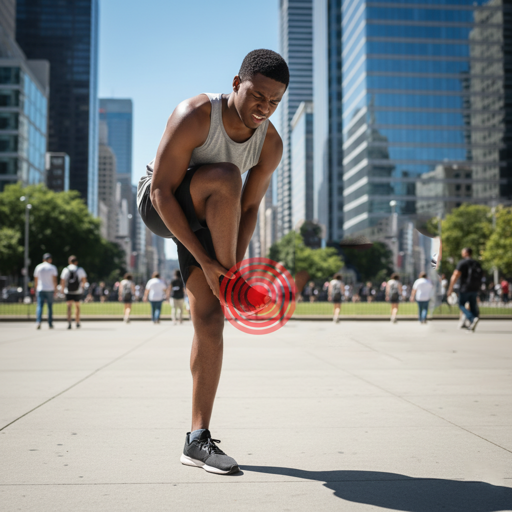 Plantar fasciitis causing heel pain and inflammation of the connective tissue along the bottom of the foot